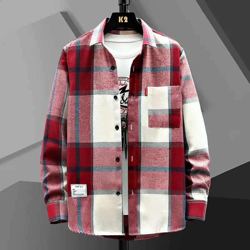 Spring and Autumn Mens Lapel Loose Plaid Button Printed Pocket Casual Fashion Elegant Commuting Long sleeved Shirt 240815