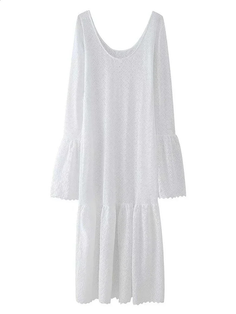 Fashion Sexy Knit Women Hollow Out O Neck Full Flare Sleeve Cover Ups Dresses Backless Vintage Autumn Winter Long Dress 240819