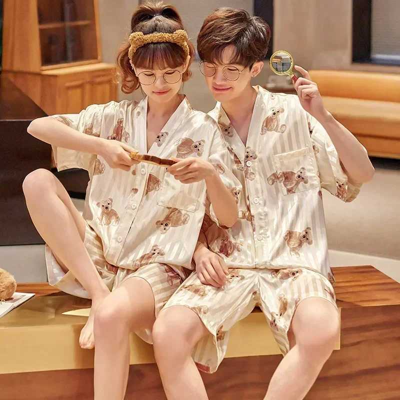 Mens silk sleepwear home V-neck set sleepwear adult sleepwear loose set sleepwear Korean womens couple cat animeW240719