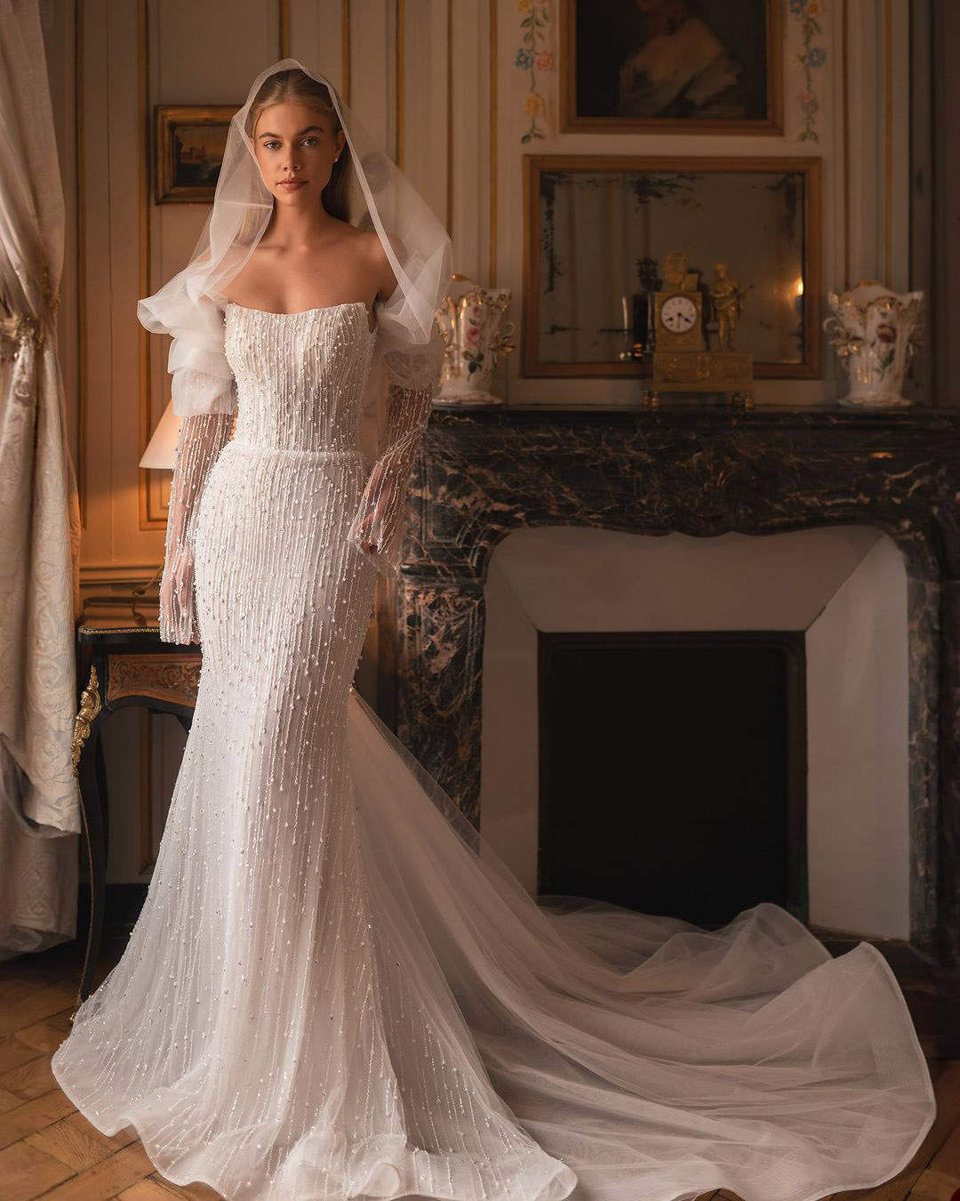Arabic Illusion Mermaid Ivory Wedding Dress Beaded Sequined Long Sleeve Bridal Gowns Custom Made Dresses