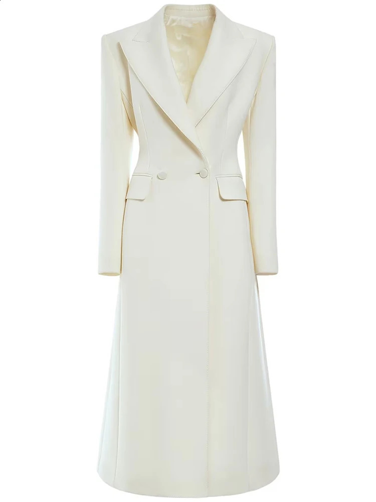 EAM Womens Beige Slimming Elegant Midi Jacket Style Collar Long Sleeve Waist Fashion Trend Spring and Autumn 1LD1881 240819