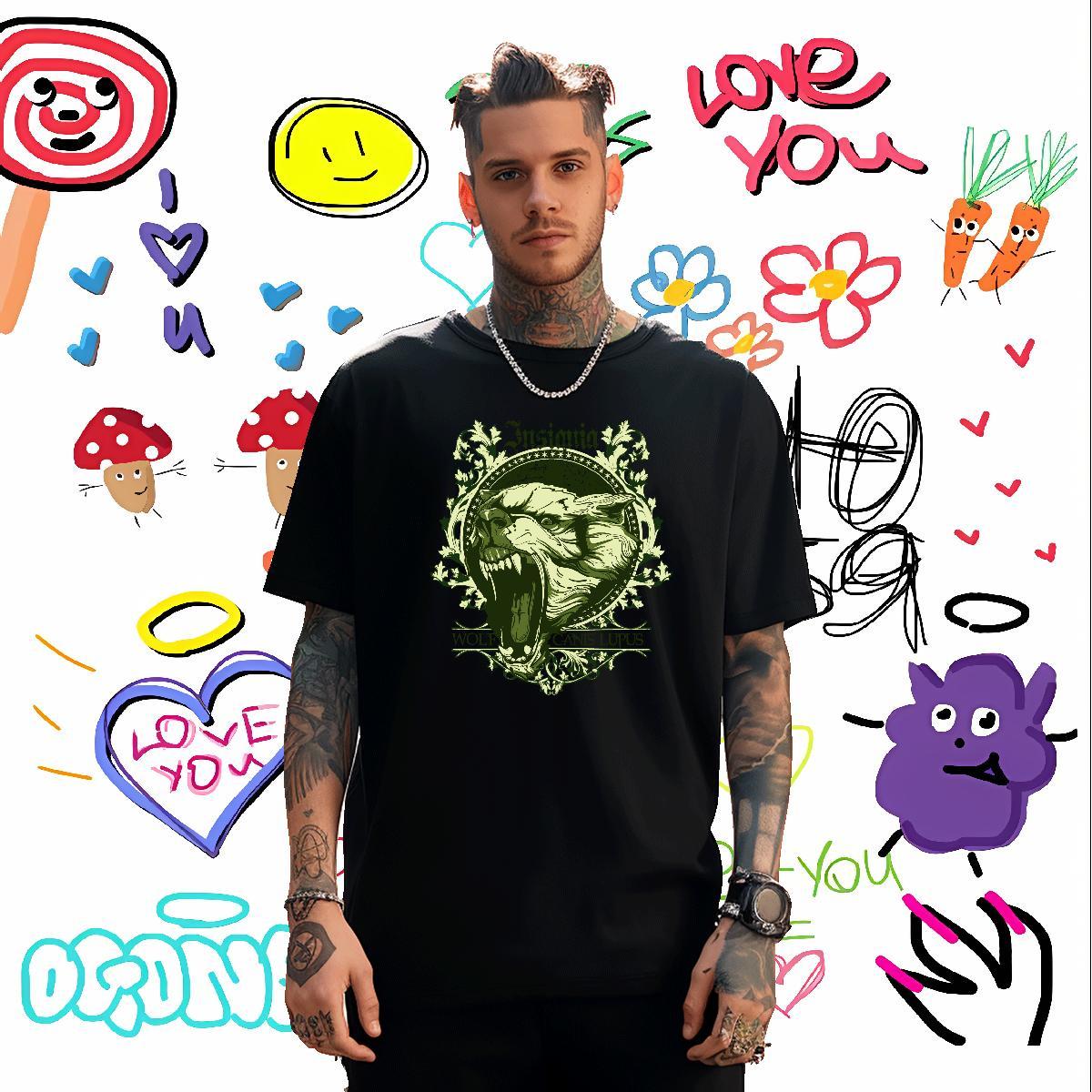 Loose Fit T-Shirts lion Crew Neck Hip Hop Customized Print 100% Cotton 230g Couples T Shirts New Arrival Tops