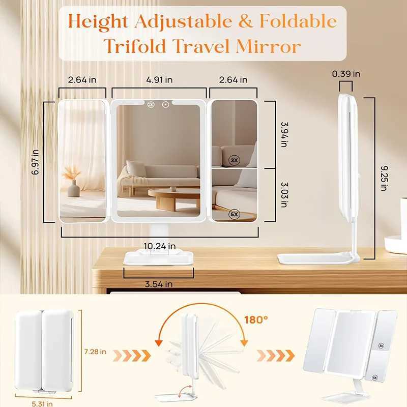 Amplifying triple stack makeup mirror three color intelligent touch light standing desk Led makeup mirror Y240819