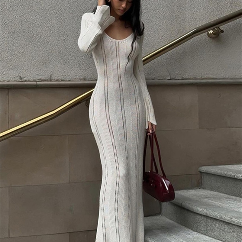 Elegant Knitted Striped Long Dress Women Sexy V-neck Full Sleeve Hollow Out Lace Up Beach Dresses Summer Lady Holiday Robe 240819