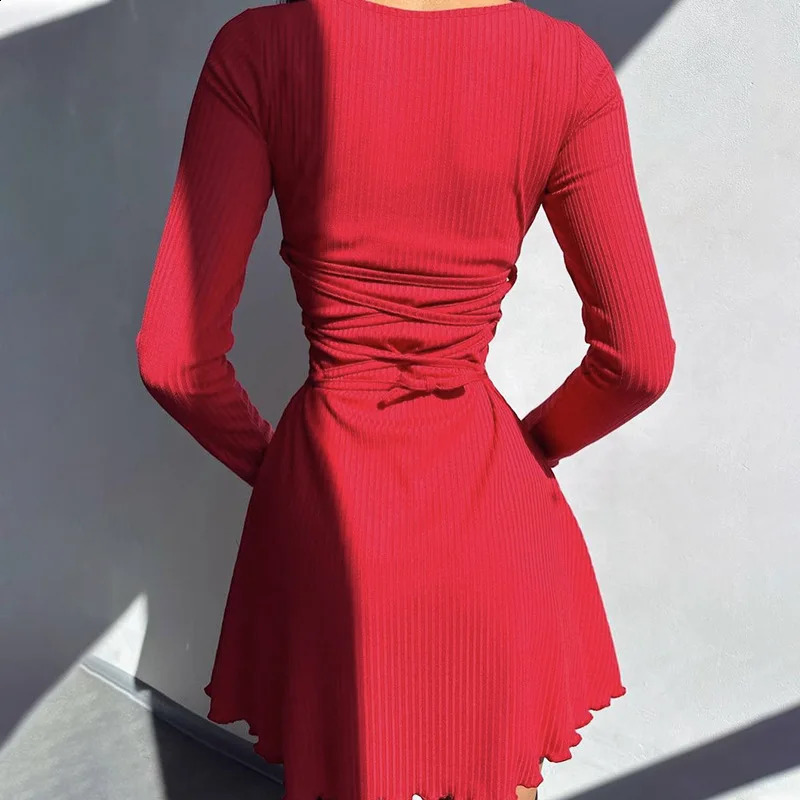 Cryptographic Solid Knitted Mini Dress for Women Elegant Outfits Fall Long Sleeve Bandage A-Line Vestido Plunge Dresses Clothes 240819