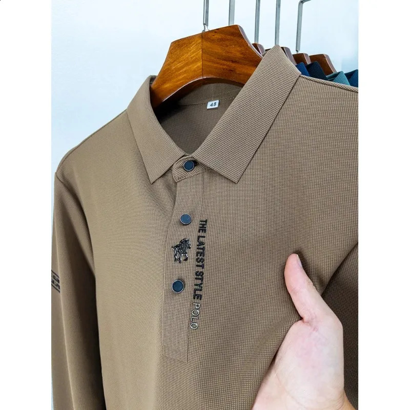 High Quality Autumn Business Solid Color Long Sleeve Polo Shirt Lapel Collar Men High-End Fashion Casual No Trace Printing 240820
