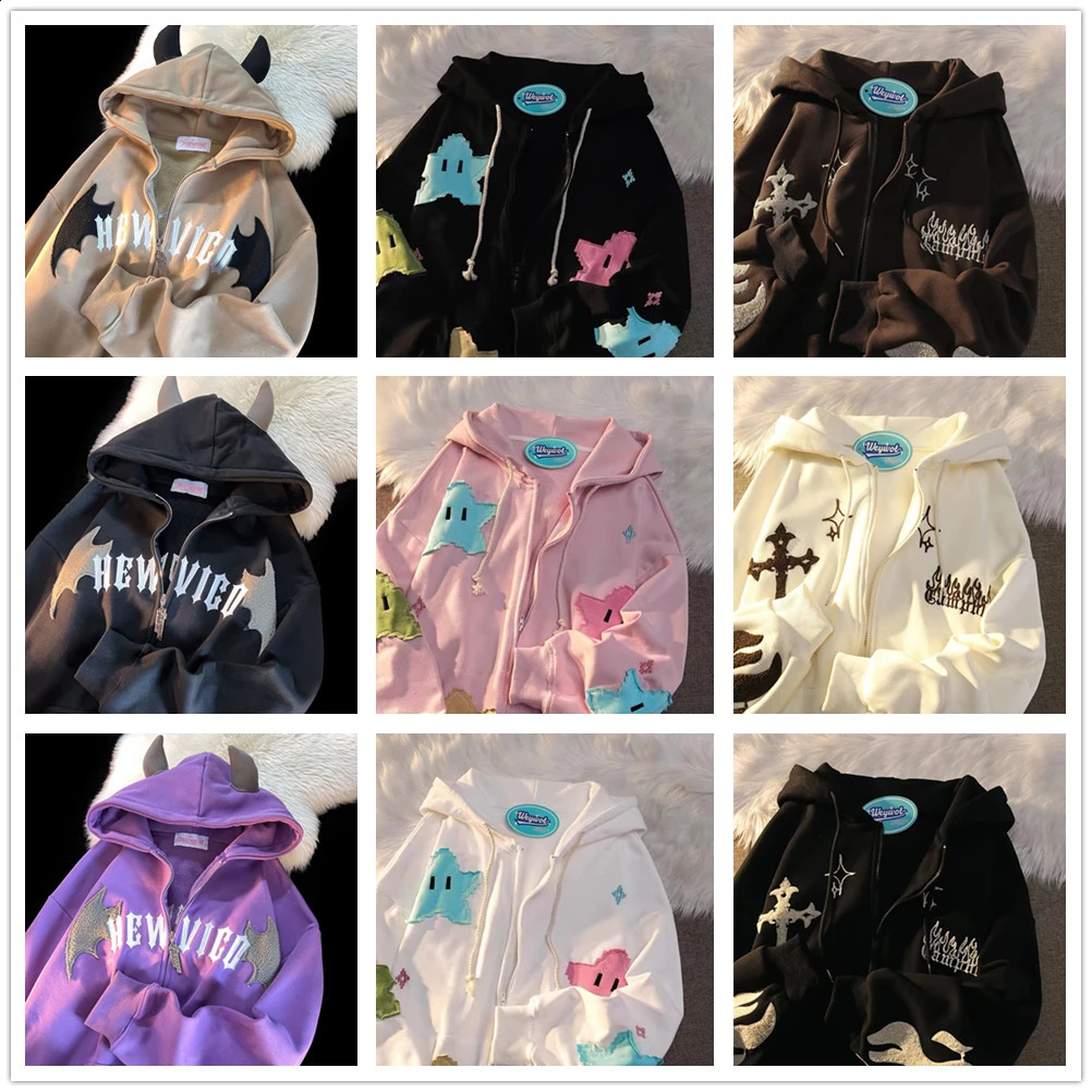 2024 American Hip Hop Pattern Embroidered Zipper Hoodie Women Men Y2K Street Joker Sweatshirt Unisex Casual Hoodies 240819