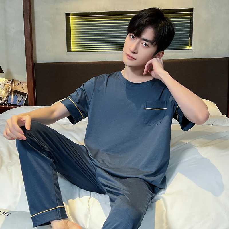 Modal Mens Sleepwear O-neck Short sleeved Pants Soft Smooth Elastic Comfortable Sleepwear Mens 5XL 4XL 3XLW240719
