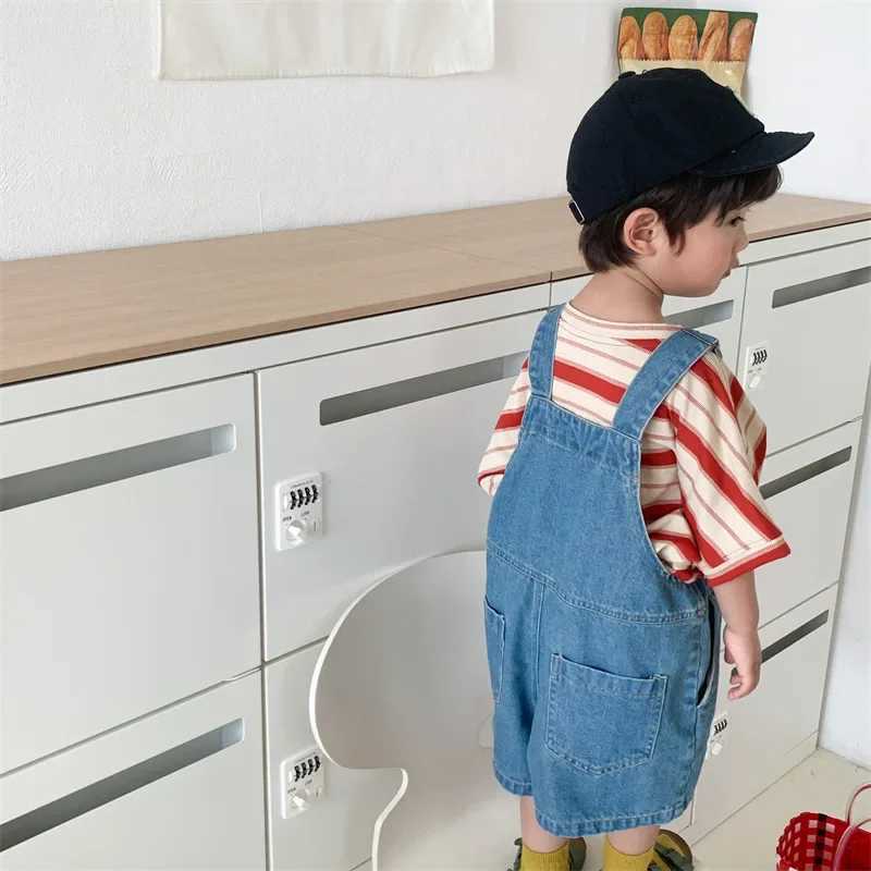 2024 summer childrens denim jumpsuit pendant pants childrens sleeveless top baby girl one-piece jeans Korean boy jumpsuit W240806