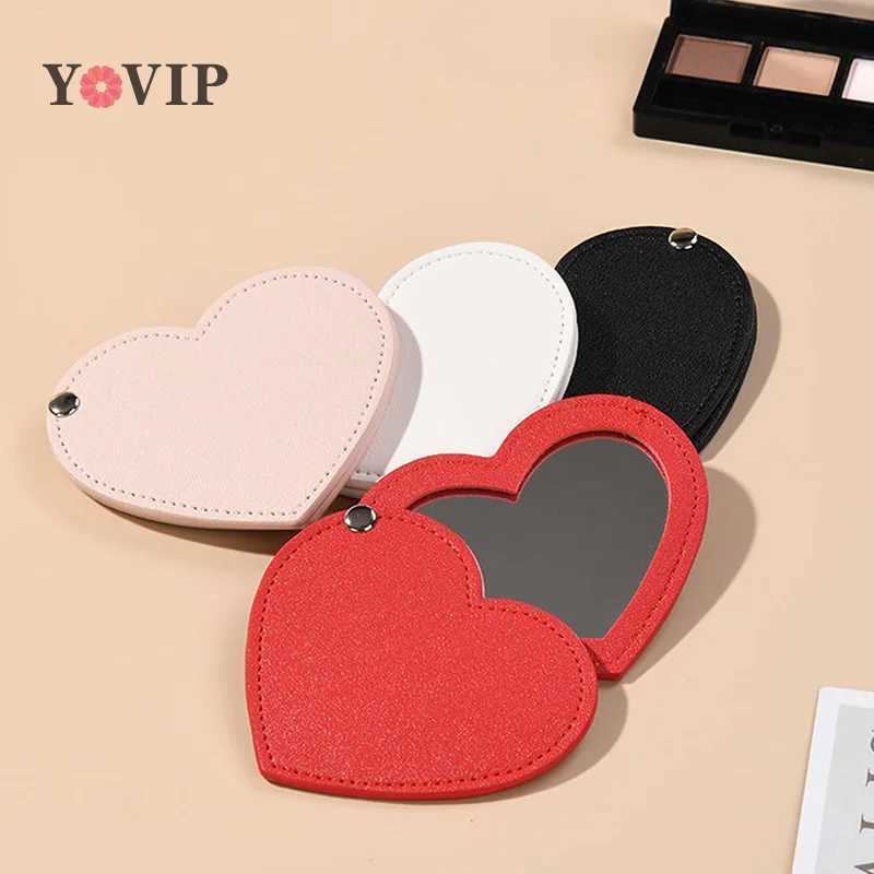 Mini Heart Makeup Mirror Portable PU Cosmetic Mirror Folding Pocket Compact Mirror Travel Accessories Y240819