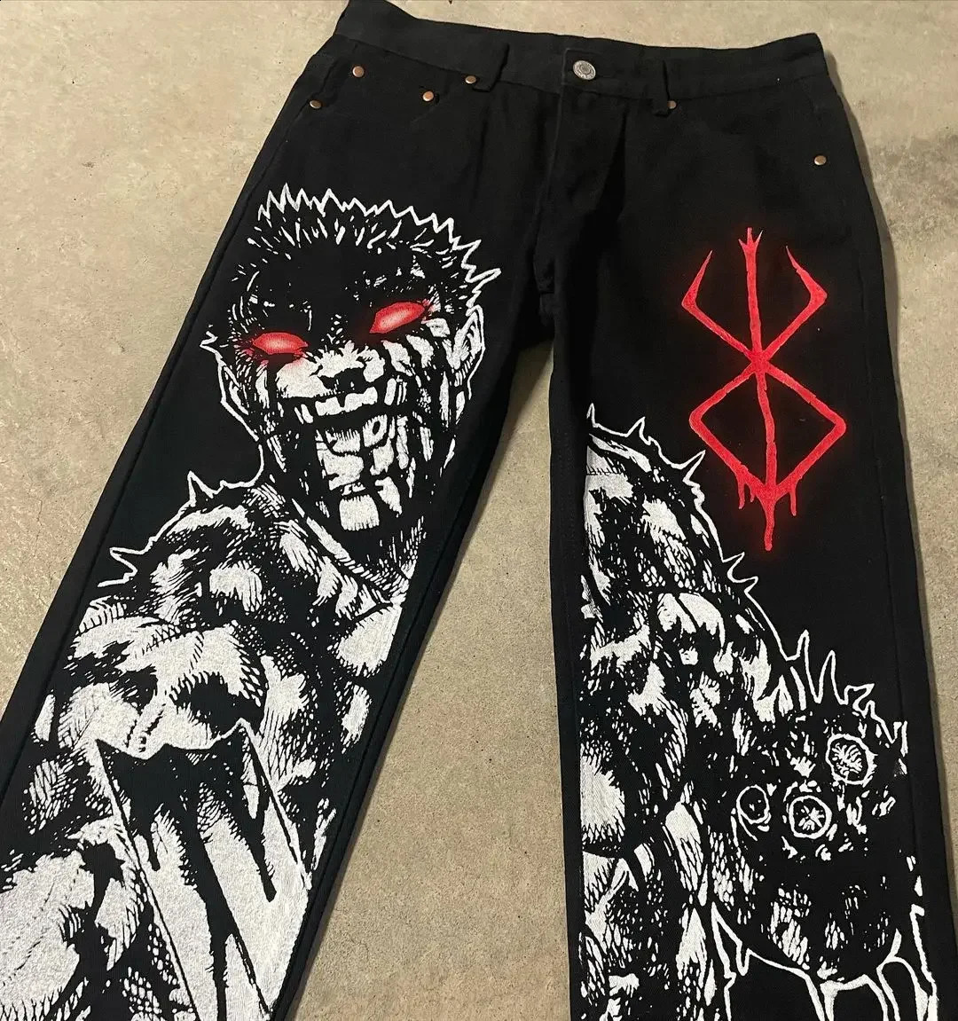 Y2K Street Jeans Japanese Harajuku Hip Hop Pattern Printed Loose Jeans Gothic High Waist Wide Leg Pants for Men and Women 240819