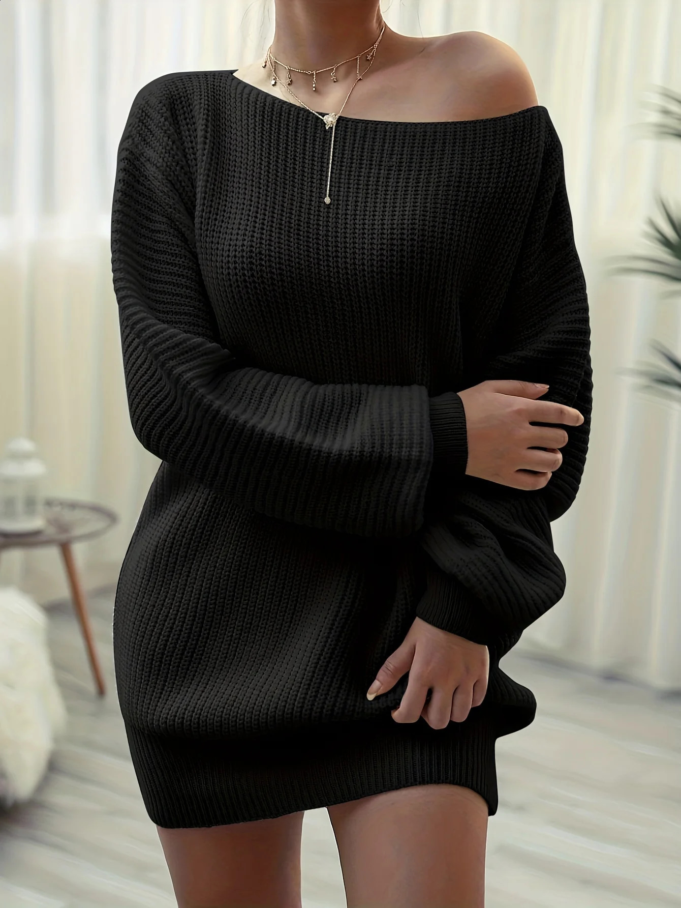 Solid shoulder knitted dress casual long sleeved sweater suitable for autumn and winter womens clothing 240819