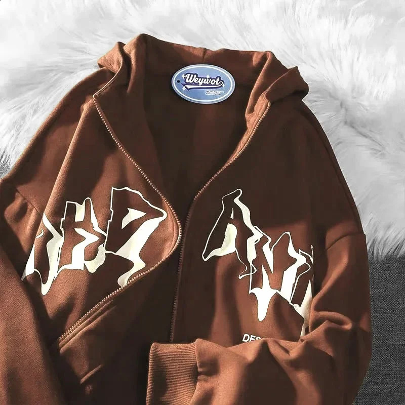 Y2K Letter Print Zip Up Hoodies Women Men Jacket Casual Hip Hop Harajuku Streetwear Clothes Tops Loose Grunge Hooded Sweatshirt 240819