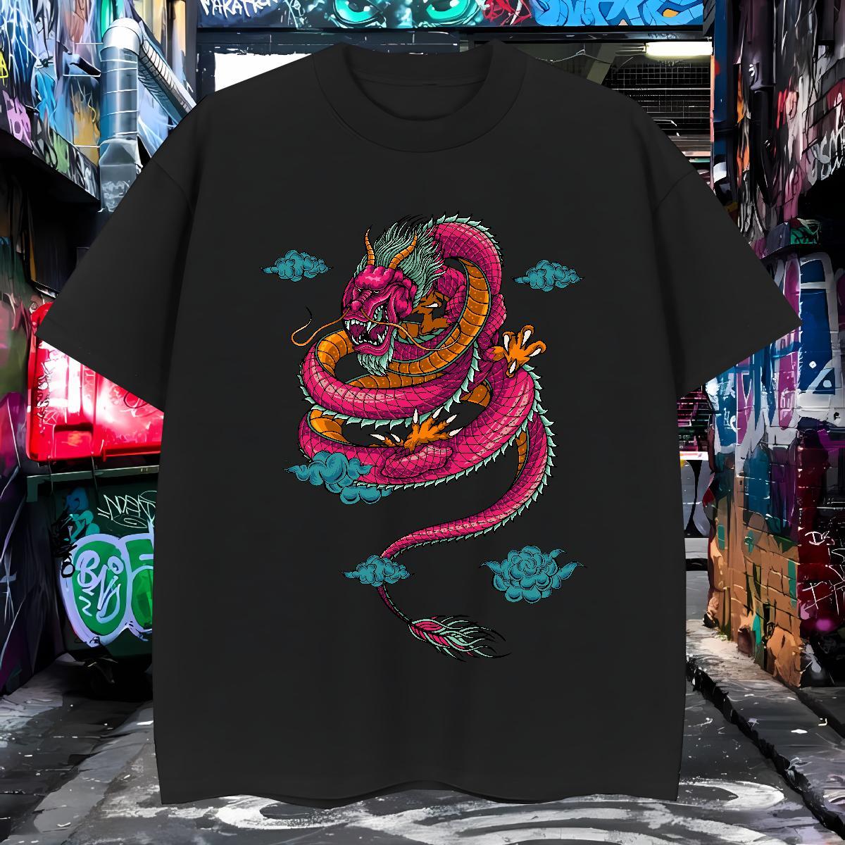 Loose dragon T-Shirts Hip Hop Street Men Tops Tees 230g Cotton Custom Breathable Crew Neck Floral Print Top Tees