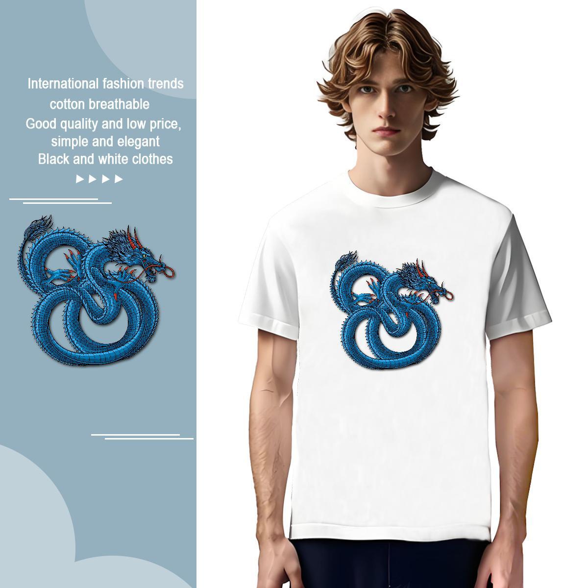 Loose dragon T Shirt For Man Casual Men Tshirts 100% Cotton 230g Fashion Casual Crew Neck Cartoon Print Clothes