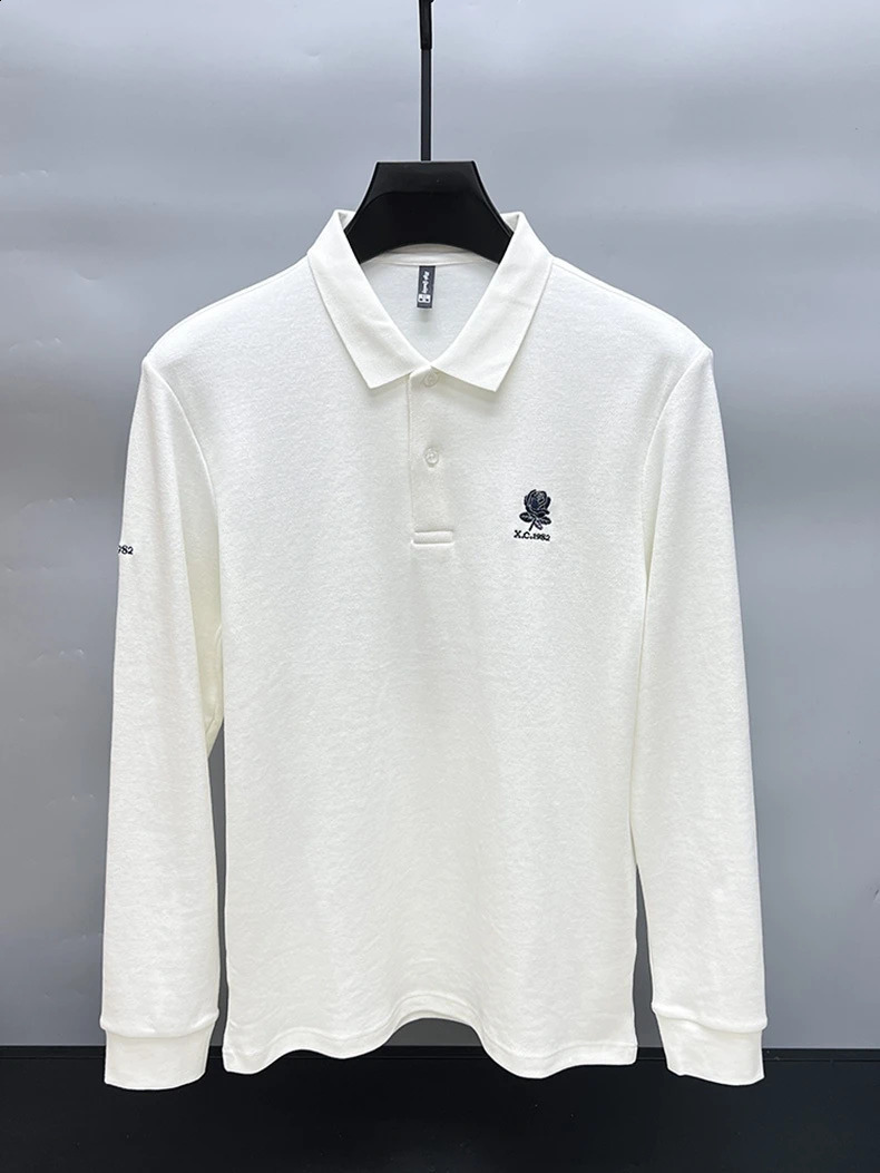 High end 100% cotton mens long sleeved polo shirt Fashion and exquisite rose embroidery Business casual monochrome autumn top 240820
