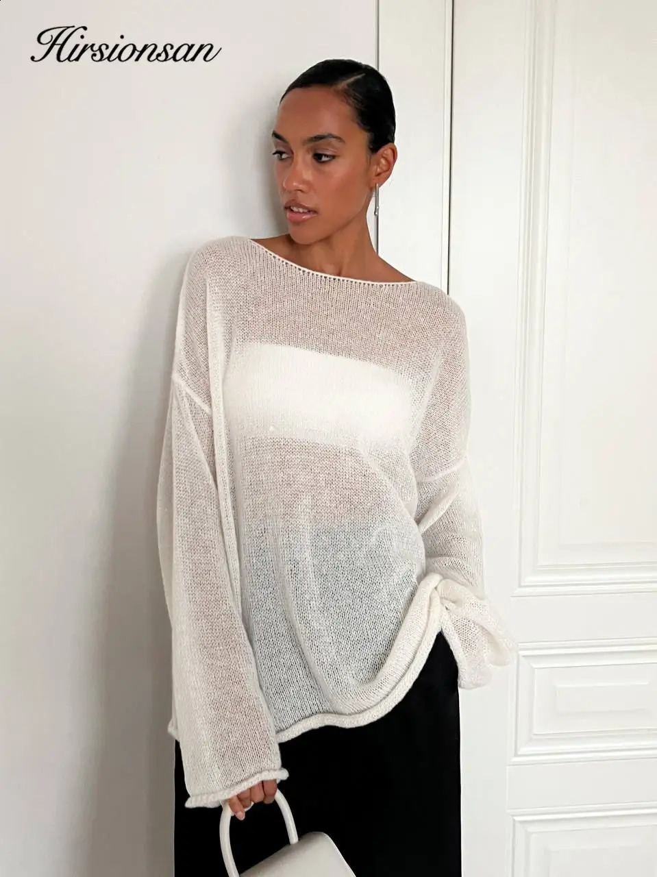 Hirssionsan Elegant Sweater Womens Summer and Autumn Casual Fashion Loose Floral Chic Pink White Parachute Suede Cream 240819