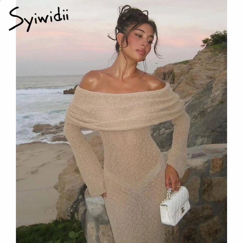 Syiwidii Elegant Knit Women Long Dress Off Shoulder Long Sleeve Sexy Hollow Out See Through Dresses Fashion Party Evening Dress 240819