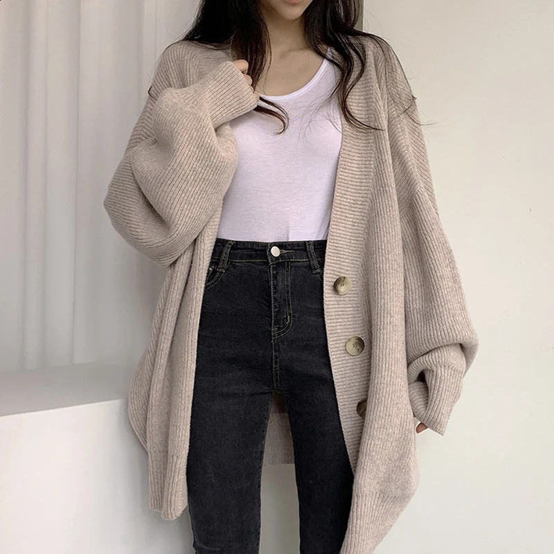Vneck knitted cardigan womens thick autumn and winter Korean style loose casual long sleeved sweater jacket in 3 colors 240819