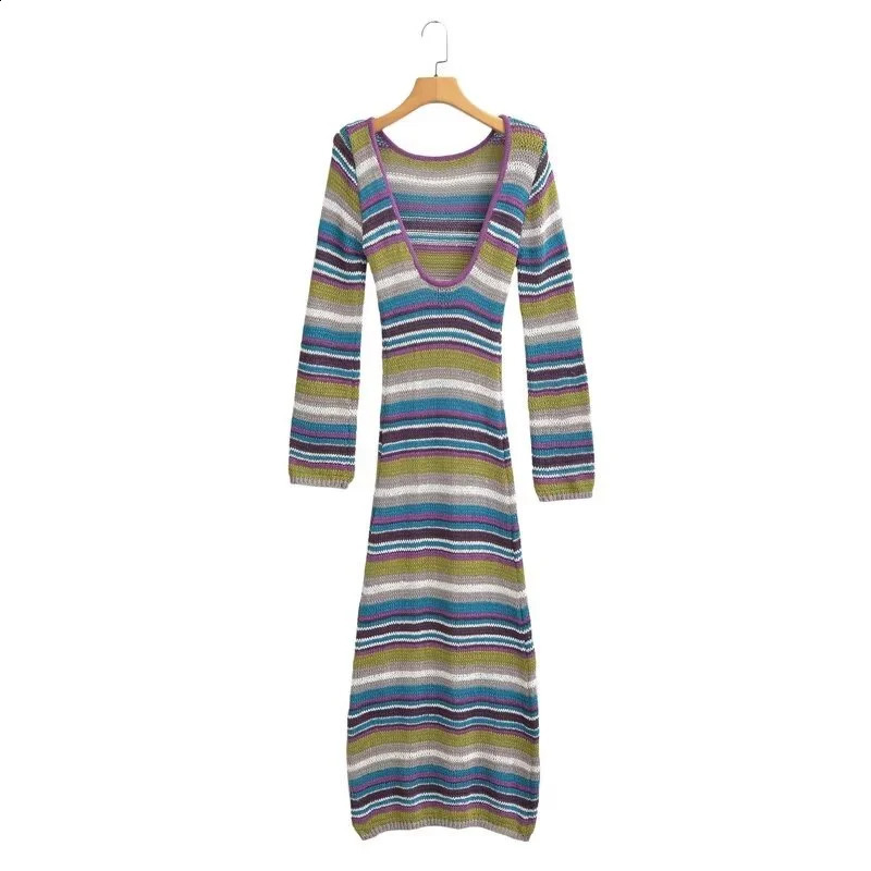 KEYANKETIAN Women Sexy Backless Striped Knit Dress Bohemian Holiday wind Long Sleeve Slim Ankle Long MIDI Dress 240819