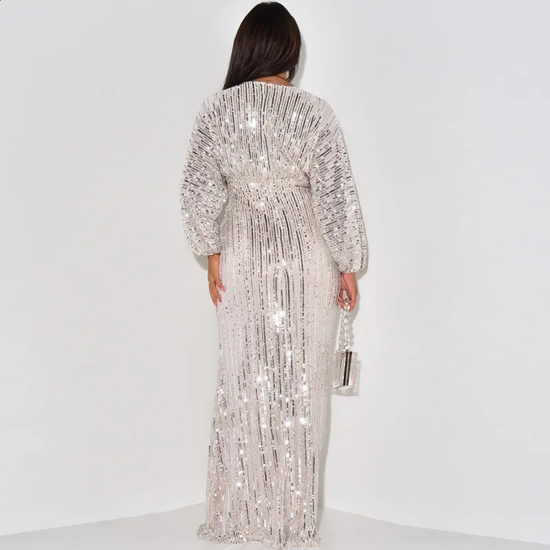 Fashion Sequined Womens Dress Long-Sleeved V-neck Dresses Elegant Party Sundress Lady Vintage Vestidos Oversized 240819