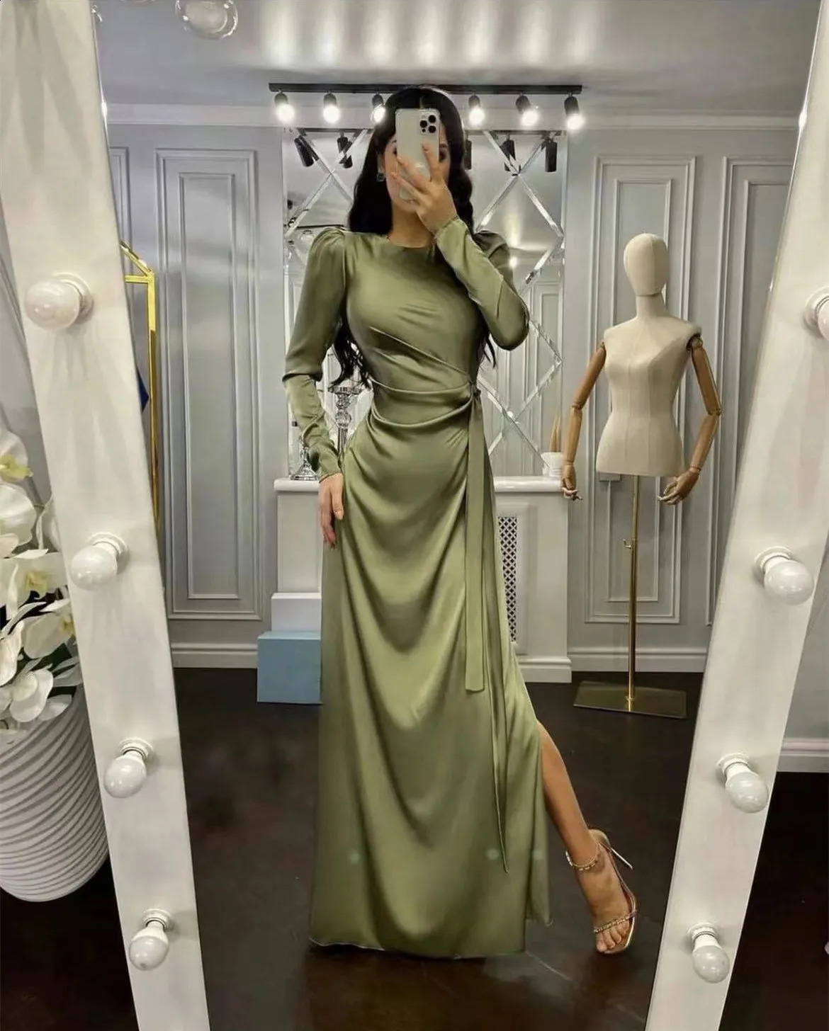 High Quality Sexy O Neck High Slit Irregular Silk Party Dress Women Retro Belt Satin Elegant Long Sleeve Solid Maxi Dress Mujer 240819