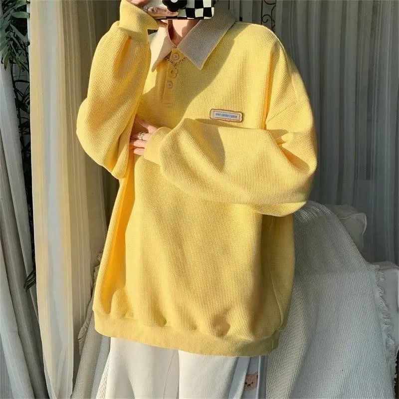2024 Solid Polo Long Sleeve Vintage Men T Shirts Fashion Casual Oversized Korean Harajuku Tops Spring Fall Thin Clothes 240819