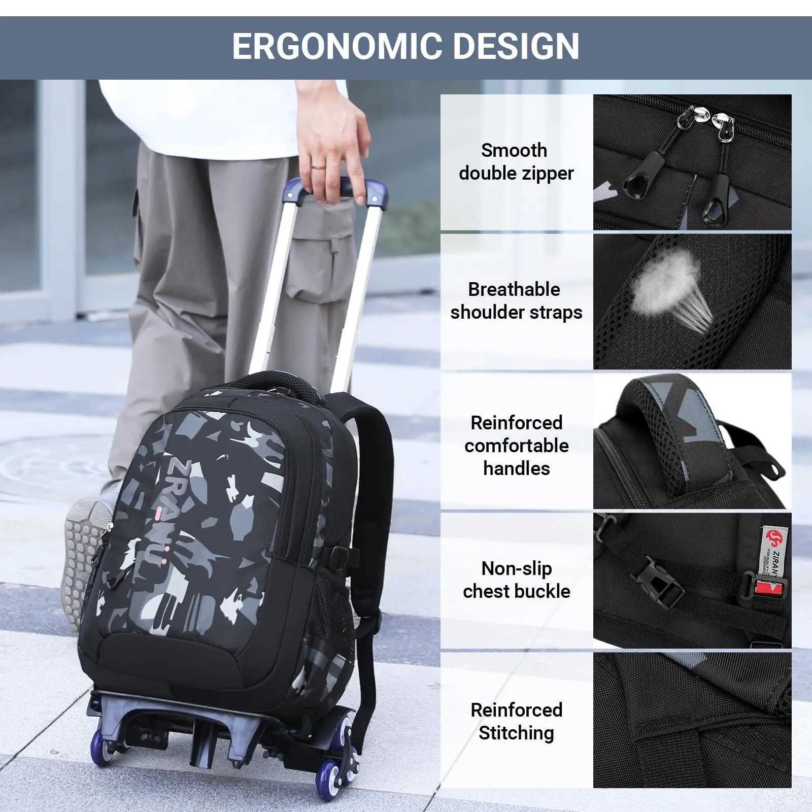 School Backpack Trolley for Boys Men Backpack with Wheels School Bag Boys Teenagers Waterproof Casual Daypack 16 Inch Y240820