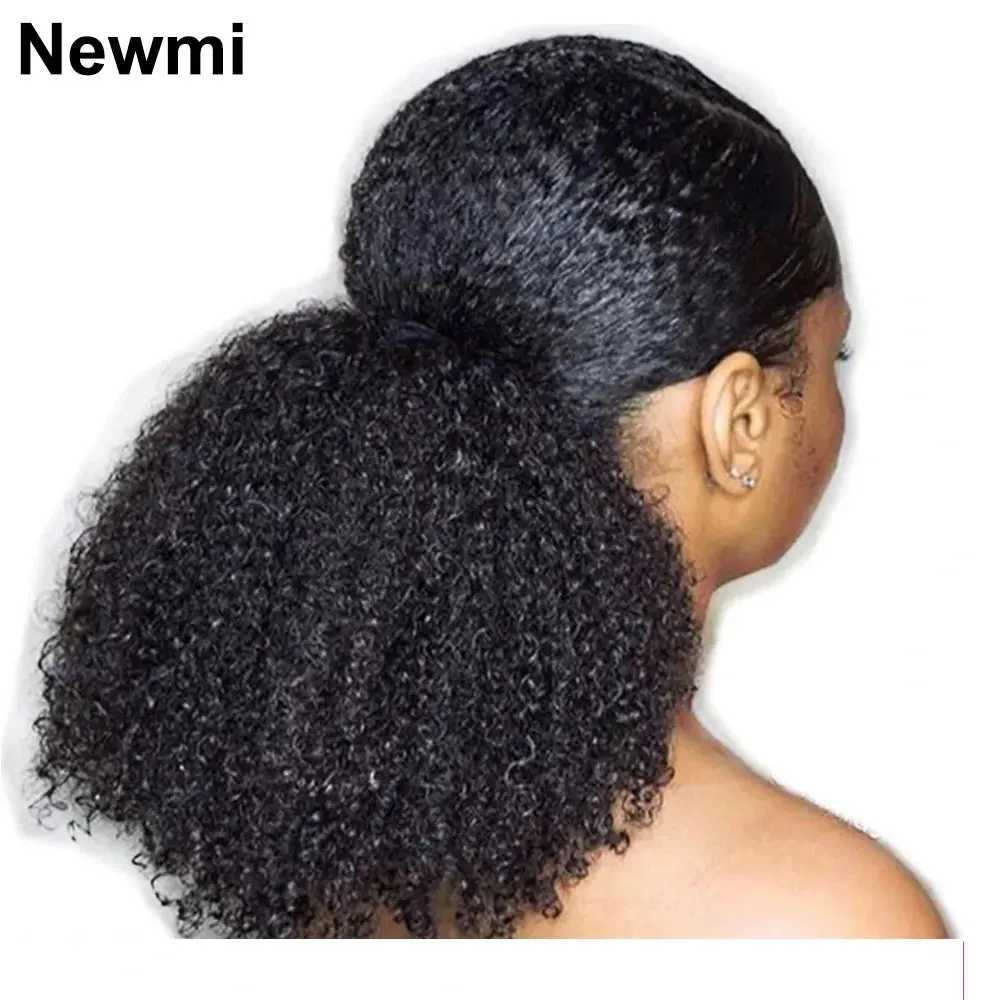 African twisted curly ponytail with black female hair extending and wrapped around the 3C 4A curly ponytail W240817