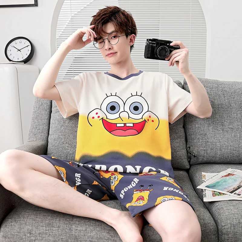 Summer two-piece mens sleepwear set mens comfortable short sleeved loose sleepwear casual set mens sleepwear setW240719