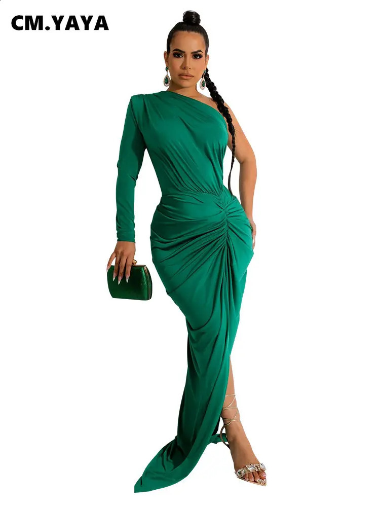 CM.YAYA Sexi Night Dress for Women One Long Sleeve Ruched High Side Split Maxi Long Asymmetical Vestidos De Verano Mujer 240819