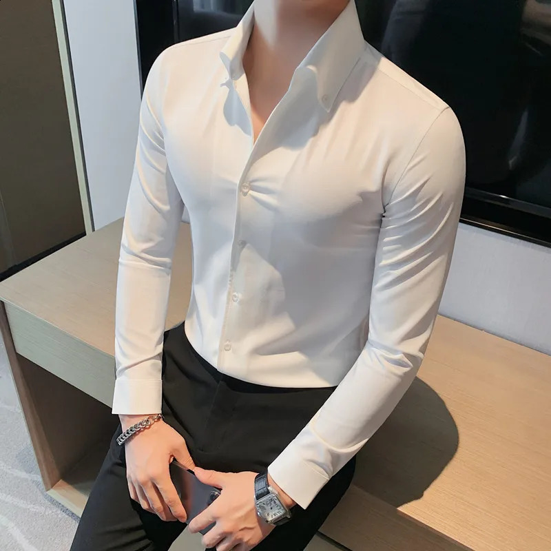 Men Dress Shirt Fashion Long Sleeve Business Social Shirt Male Solid Color Button Down Collar Work White Black Shirt 4XL 240820