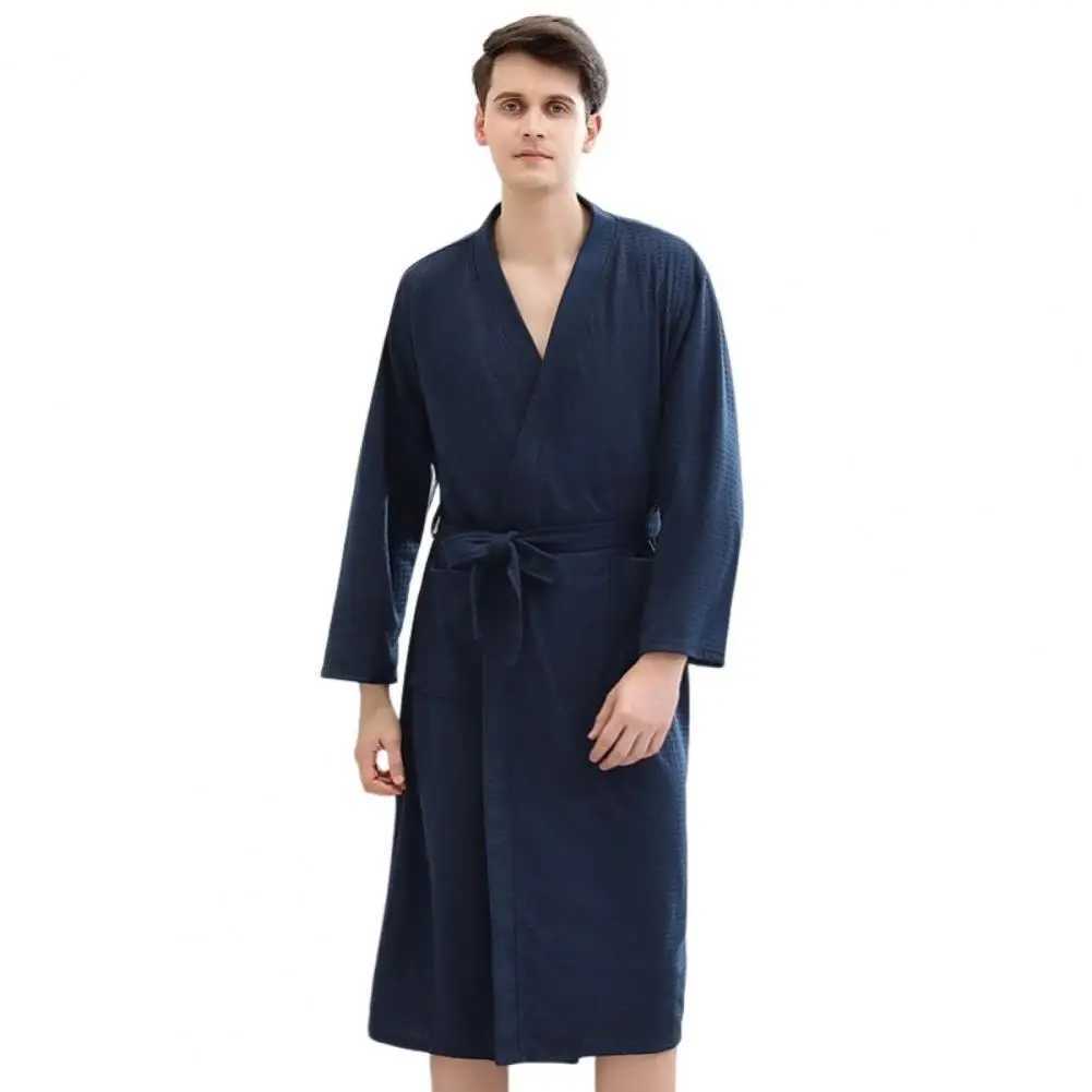 Mens bathroom waffle long solid color thin soft pajamas loose cardigan wool sweater mens autumn pajamasW240719