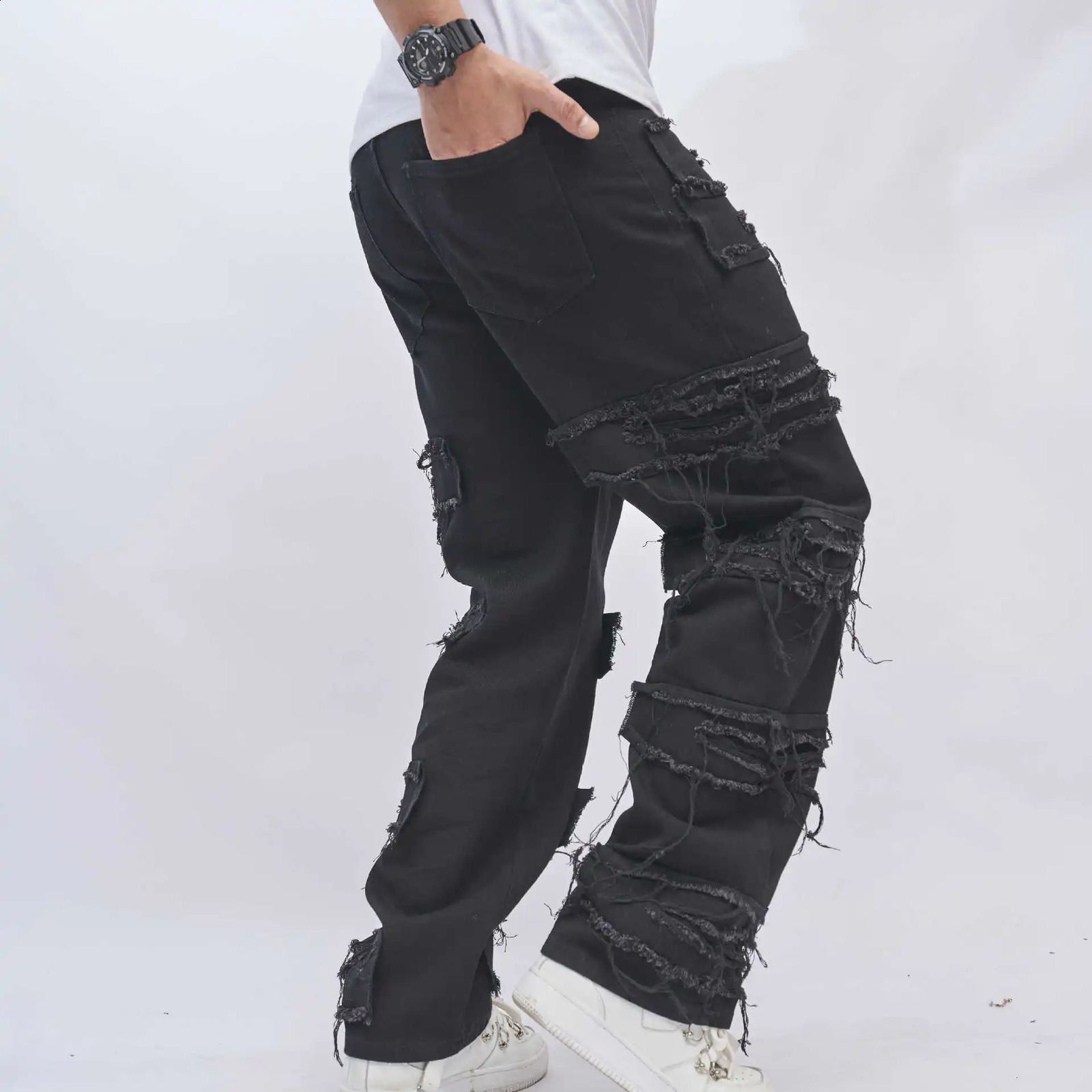 European And Emerican Black Men Jeans Slim Y2K Streetwear Wide Leg Straight Hip Hop Punk Style Stacked Trousers 240819