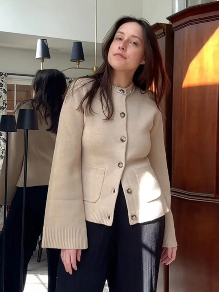 Casual Knitted Single Chest Open Skirt Womens Long Sleeve Thin Round Neck Solid Pocket Jacket Autumn Top 240819