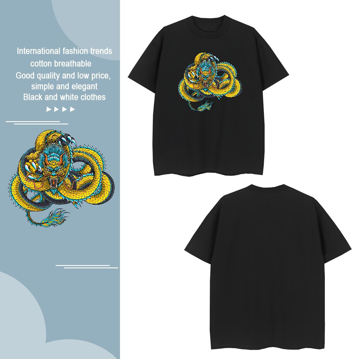 T-Shirts 230g Pure Cotton dragon Daily Outfit Round Neck Short Sleeve Customized Print Men Tops Tees New Cool Clothes