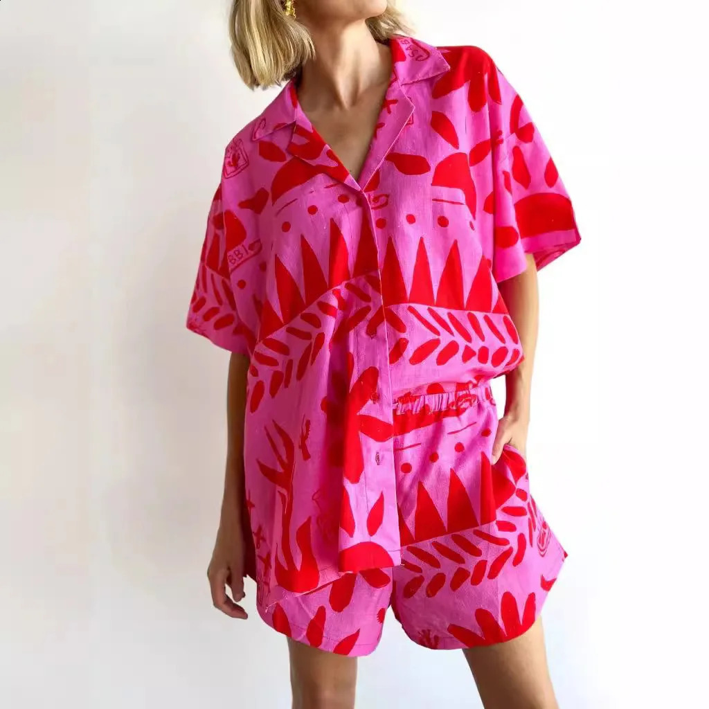 Women Single Breasted Lapel Short Sleeve TopWide Leg Trousers Suit Geometric Print Cardigan Shirt Pants 2 Pcs Set Beach Outfits 240819