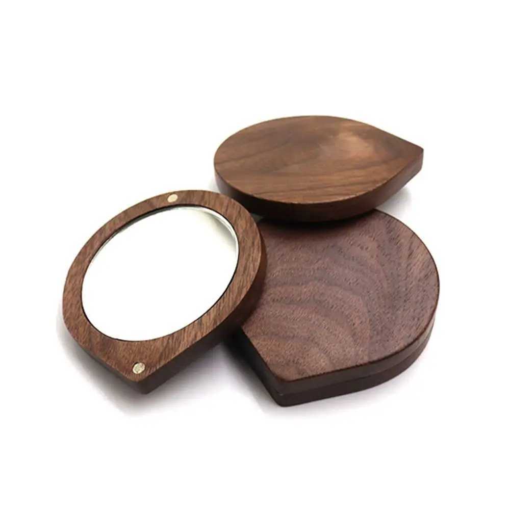 Rotatable Black Walnut Wood Makeup Mirror Round Foldable Rotating Cosmetic Mirror Handheld Mini Compact Pocket Mirror Beauty Y240819
