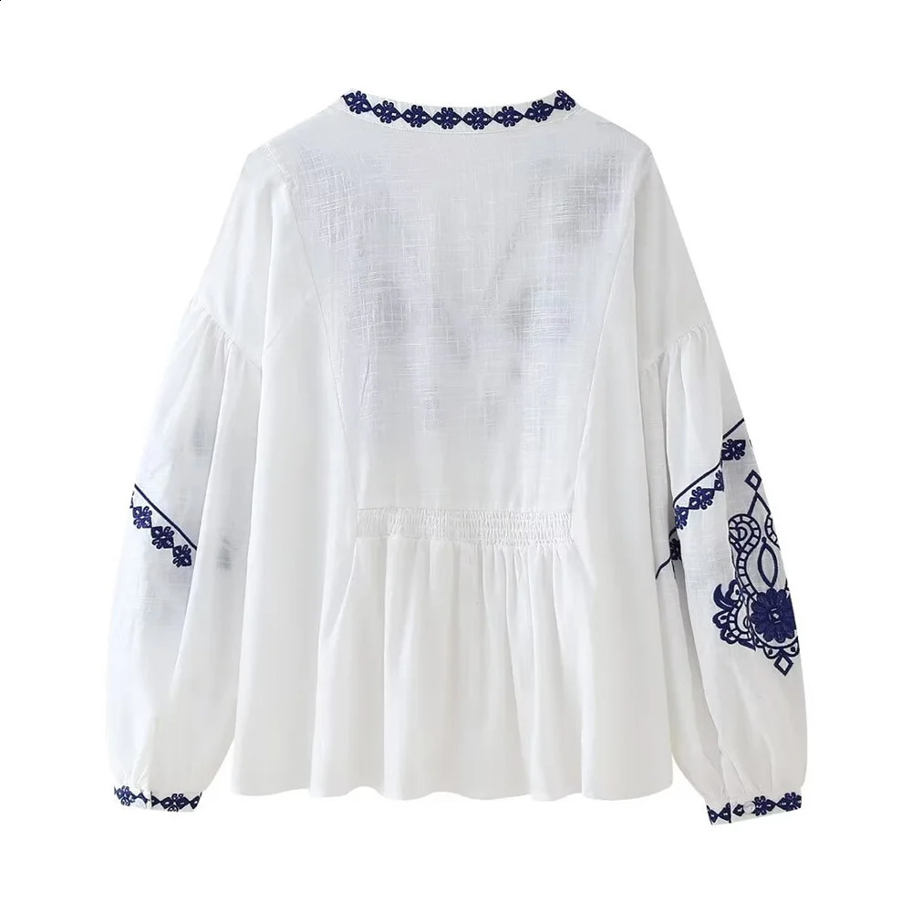 2024 Spring/Summer Womens V-neck Long Sleeve Unique Embroidered Casual Shirt 240820