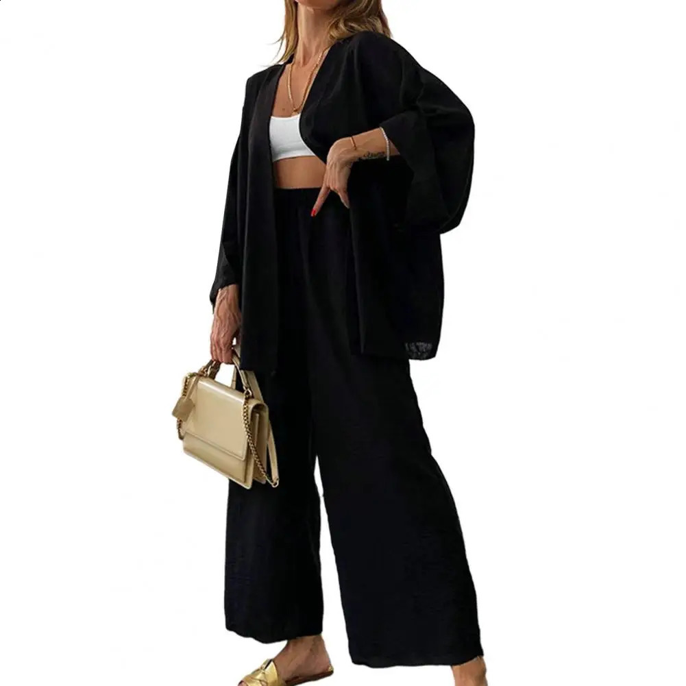 2 PcsSet Cardigan Pants Set Solid Color Loose Wide Leg Elastic Waist Deep Crotch Long Sleeve Pockets Soft Breathable Lady Coat 240819