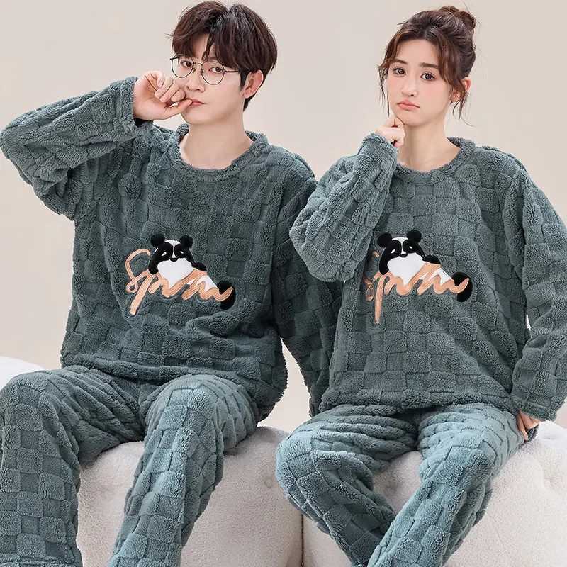 New couple pajamas set Warm flannel plush winter long sleeved O-neck pajamasW240719