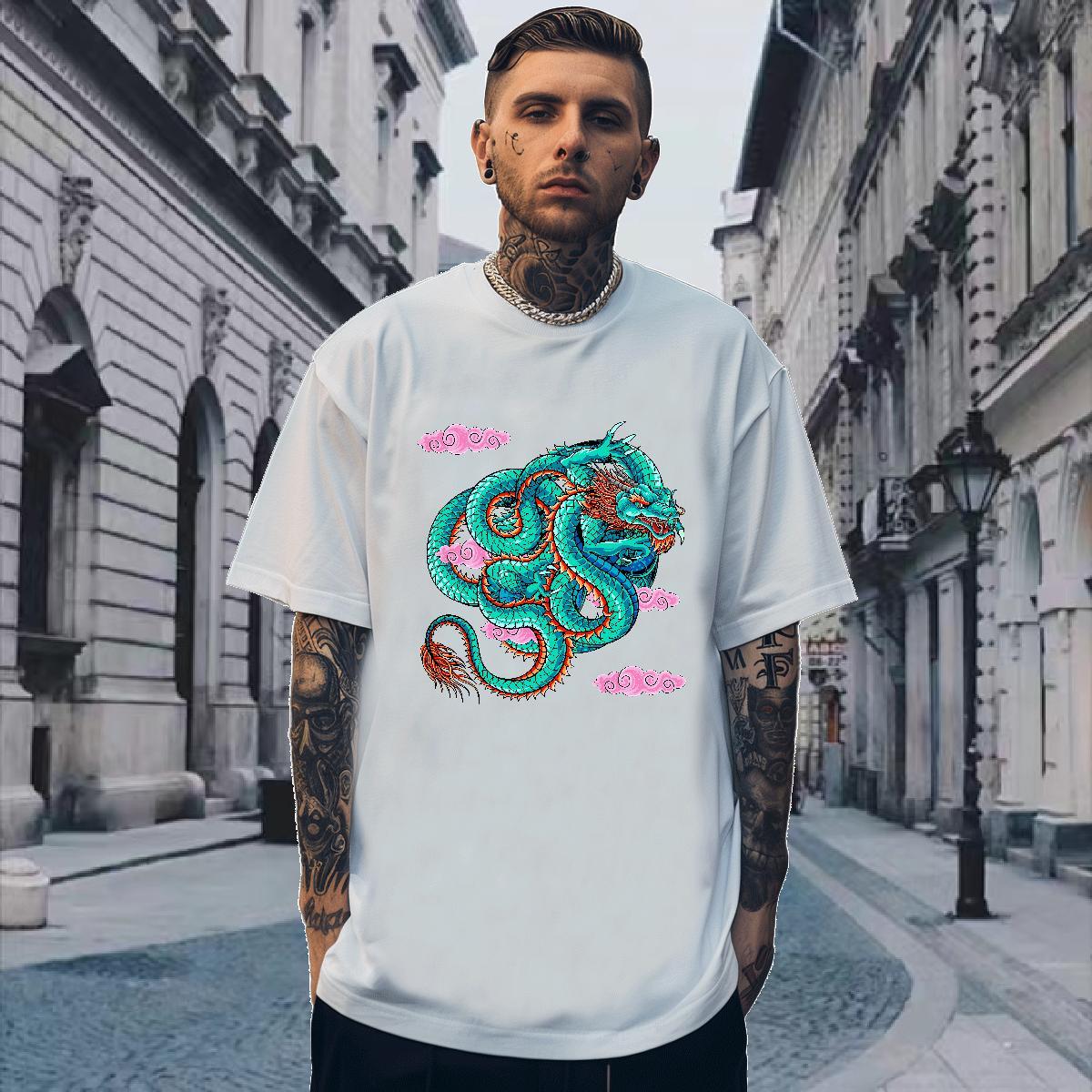 T Shirts Men 100% Cotton 230g dragon Hip Hop Breathable Short Sleeve Custom Print Oversized Tshirt for Man Woman 2024 Summer Popular Tees