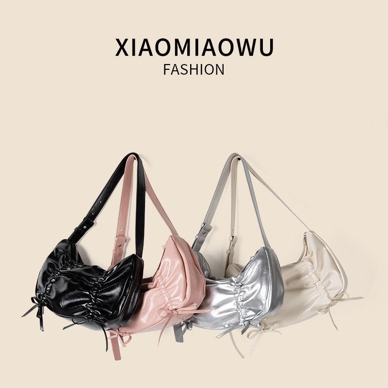 Korean version of new drawstring pleated armpit with high-end feel, bow single shoulder bag, summer style women's versatile dumpling bag