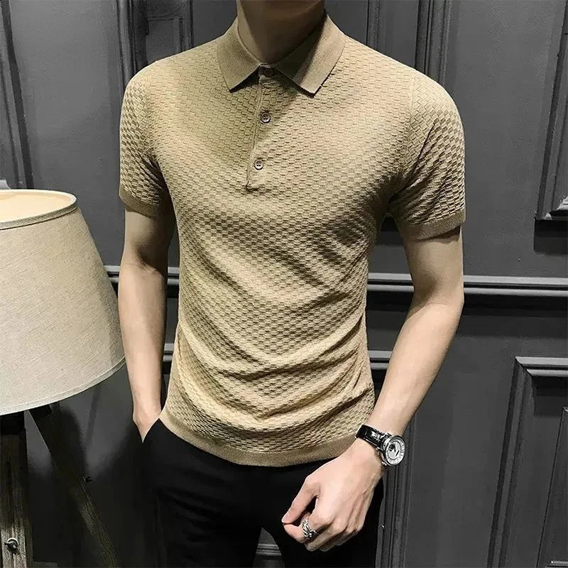 Man Short-sleeve Solid Color Tops Men Summer Y2K Business Casual Sport Chic Male Pullover Korean Fashion Elegant Polo T-shirt 240819