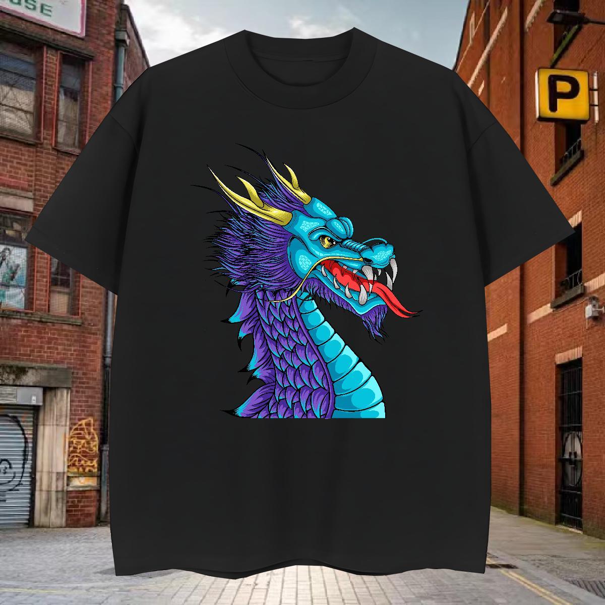 T-Shirts for Men 230g 100% Cotton dragon Anime Printing Street Breathable Crew Neck Oversized Men Tees DIY High Quality Polos