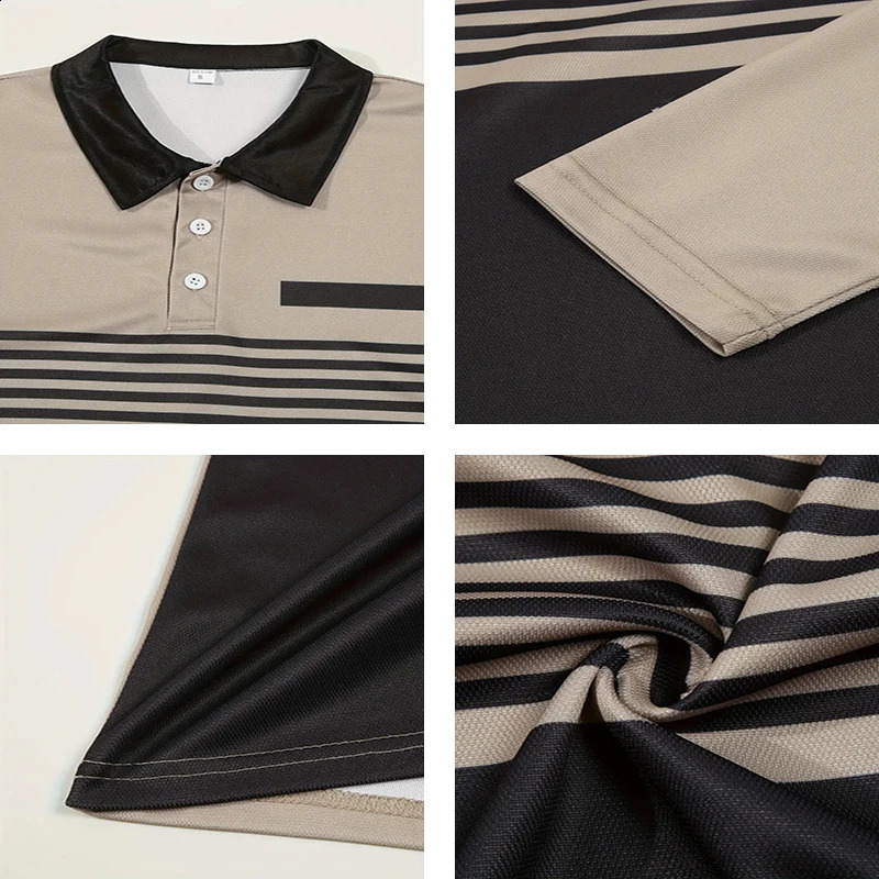 Mens Business Casual Polo Long Sleeve T-shirt spring and autumn 3D stripe printing Comfortable and Breathable Top 240820