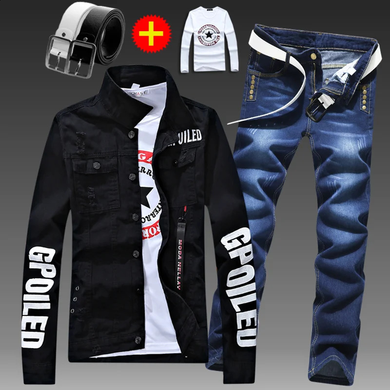 Mens Slim Fit Denim Jacket Pants 2pcs Set Long Sleeve Coats Letters Printed Casual Large Size Black White Red Boys Trousers 240819