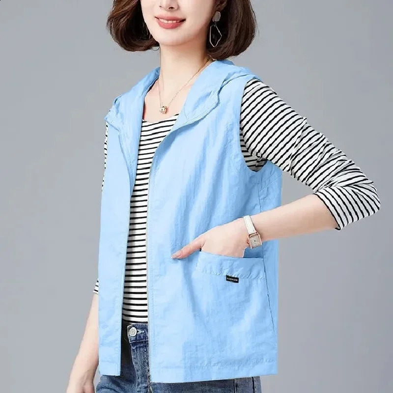 Oversized summer hooded white vest womens casual lining sleeveless jacket basic loose waistband lightweight spring Chalecos Z180 240819