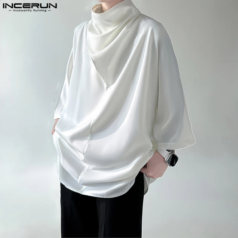 Men Shirt Solid Color Turtleneck 34 Sleeve Korean Casual Men Clothing Streetwear Loose Fashion Irregular Shirts INCERUN 240815