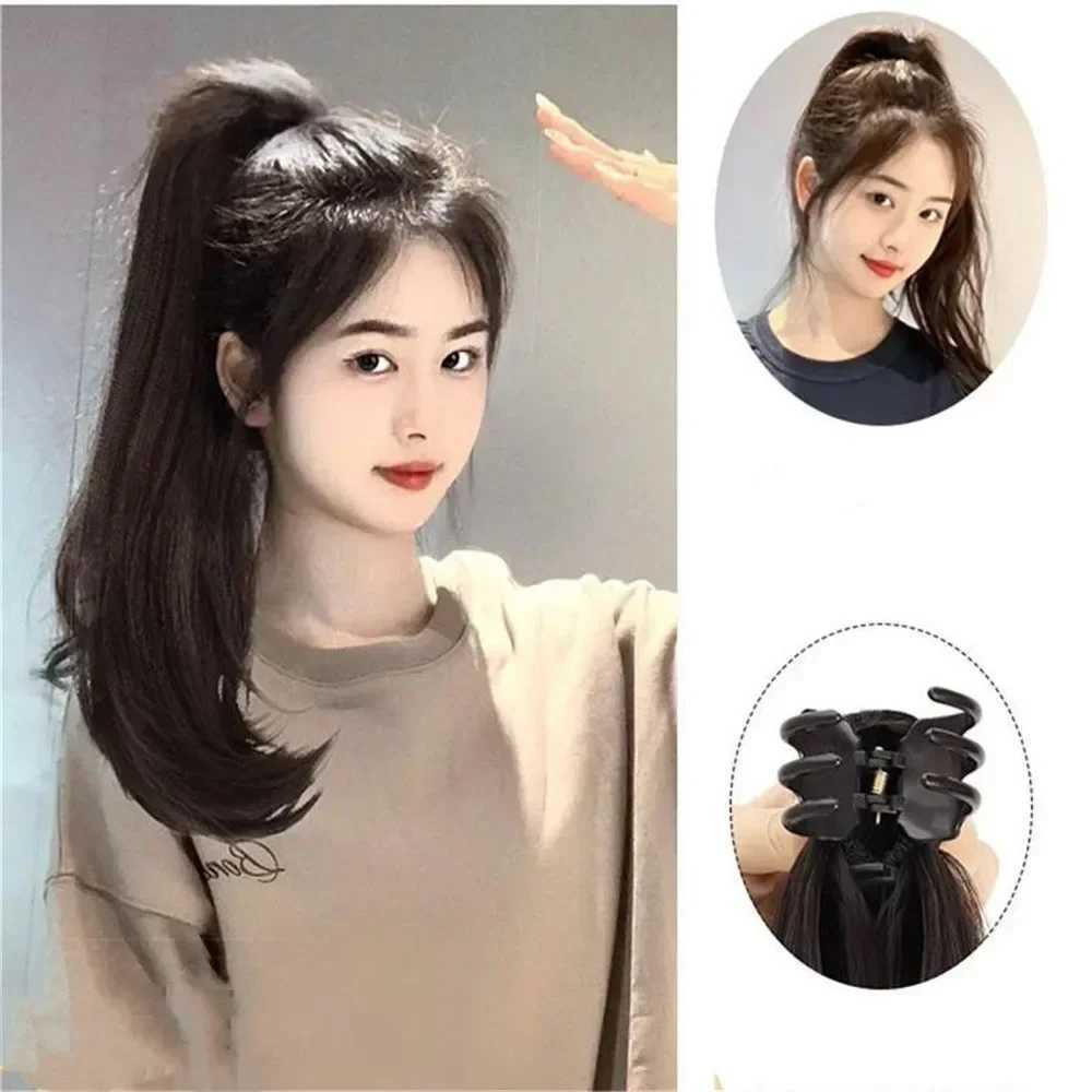 45cm natural synthetic straight ponytail clip wig for women simulating fluffy and slightly tilted hair extension W240817